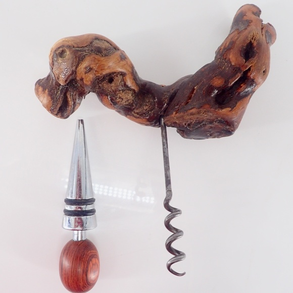 Vintage German Grapevine Branch Wood Corkscrew & Silver Wine Stopper Bar Tools - Picture 2 of 7